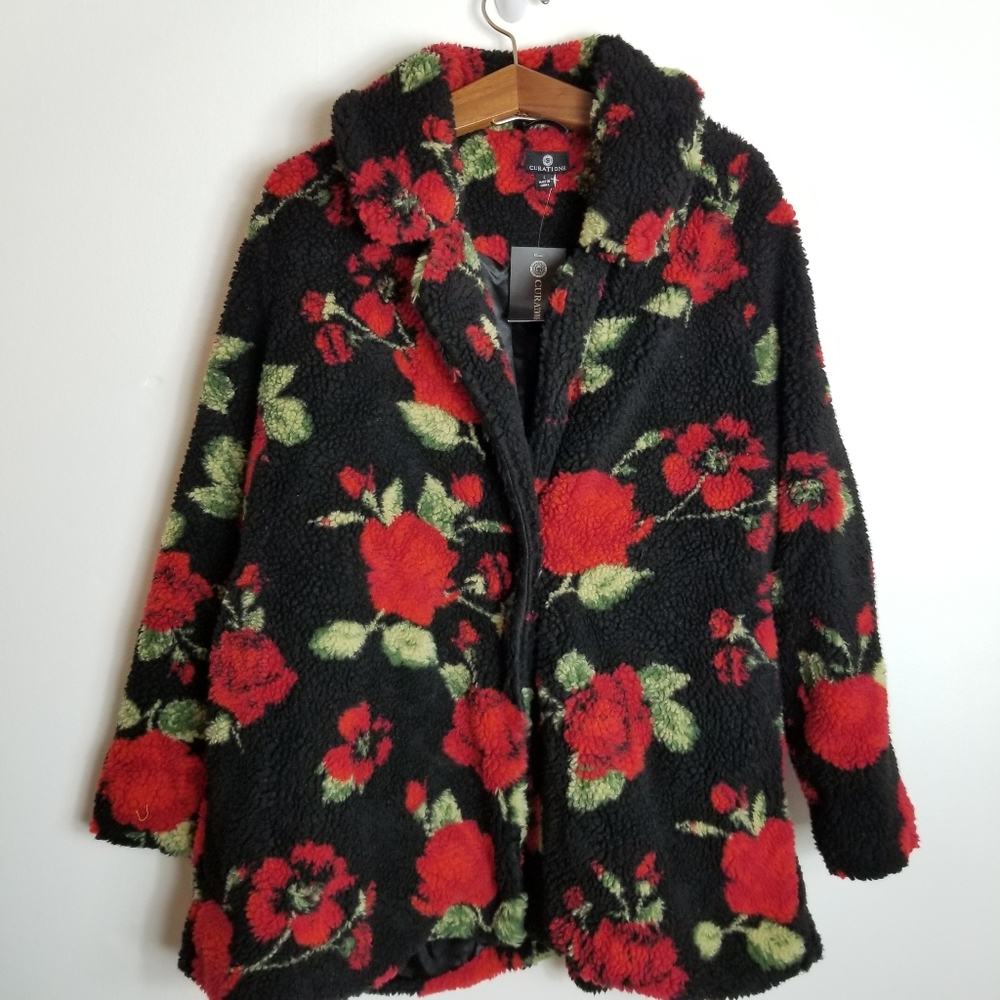 Curations Fuax Fur Rose Print Teddy Coat NWT